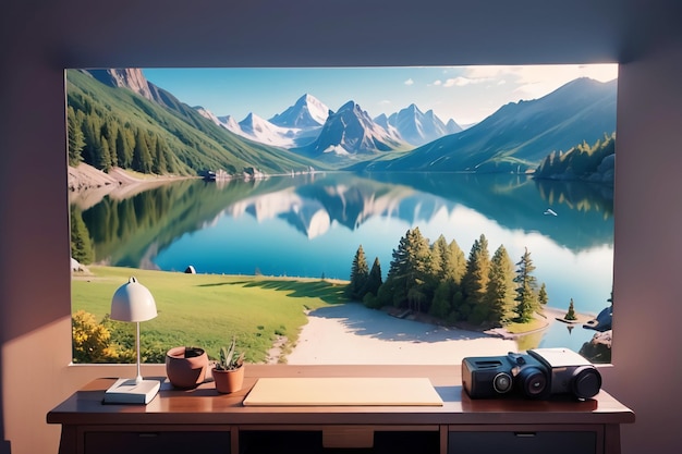 Une fenêtre avec vue sur une montagne et un lac.