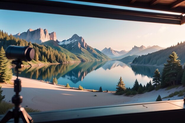 Une fenêtre avec vue sur une montagne et un lac