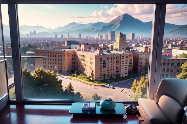 Photo une fenêtre avec vue sur une montagne et une ville en arrière-plan.