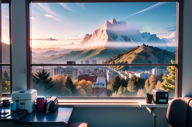 Photo une fenêtre avec vue sur une montagne et une ville en arrière-plan