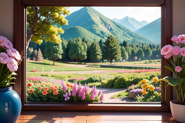 Une fenêtre avec vue sur les montagnes et une vue sur les montagnes.