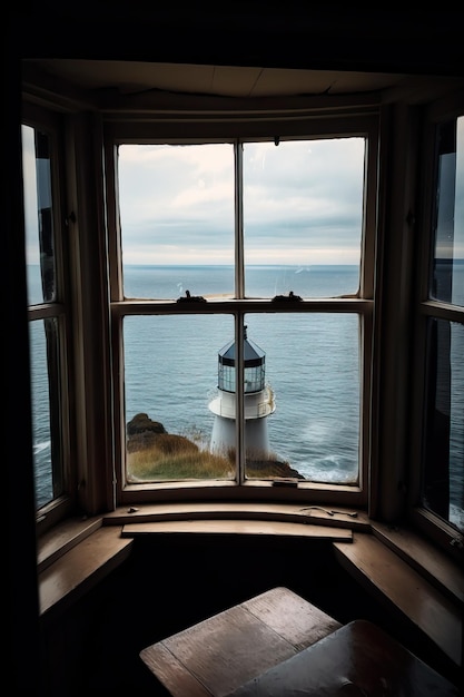 Fenêtre avec vue sur l'océan et le phare générative ai