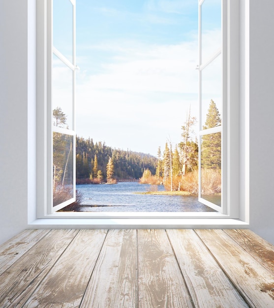 Photo fenêtre avec vue sur le paysage d'automne