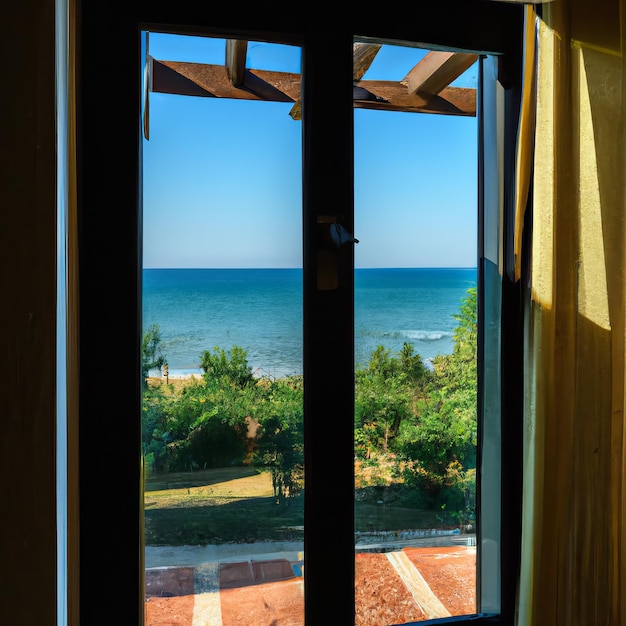 Une fenêtre avec vue sur la plage et l'océan en arrière-plan.