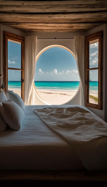 Une fenêtre avec vue sur la plage et l'océan.