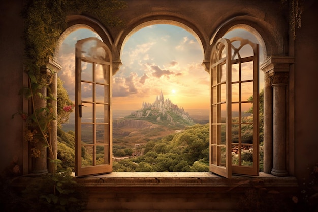 Fenêtre avec vue surréaliste et magique sur le paysage