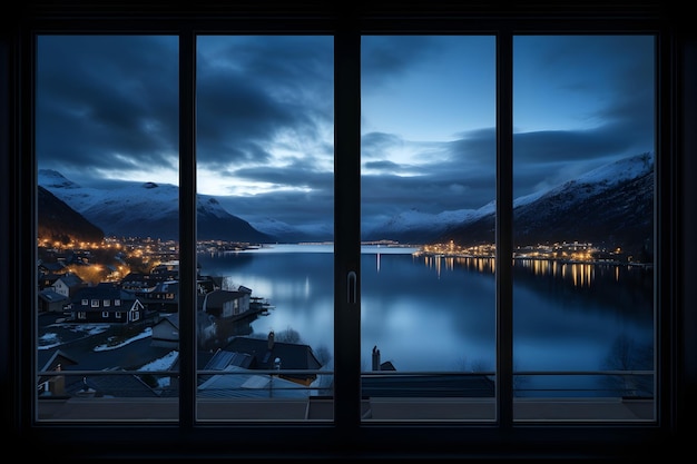 une fenêtre avec vue sur une ville et un lac la nuit