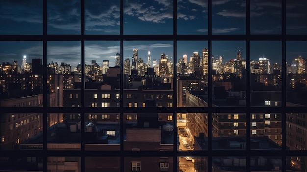 Une fenêtre avec vue sur la ville la nuit.