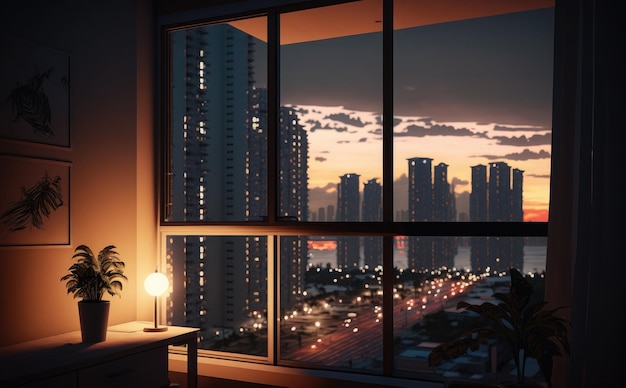 Une fenêtre avec vue sur une ville la nuit.