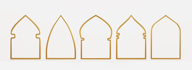 Fenêtres arabes en or arches rendu 3D Icône de luxe ensemble de cadres vintage en métal doré frontières pour la mosquée musulmane et l'architecture islamique conception ornementale isolée sur fond blanc illustration 3D