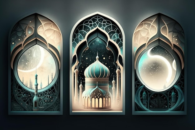 Photo fenêtres et arches islamiques avec un design bohème moderne dans un dôme et des lanternes de mosquée de lune de style oriental