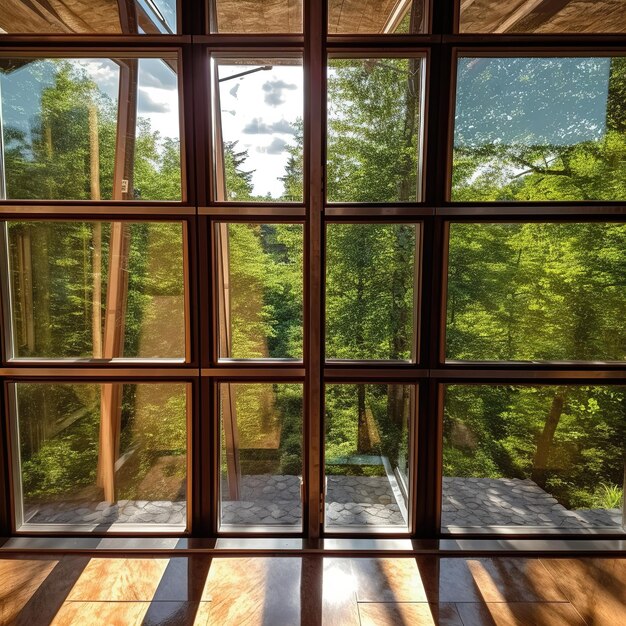 fenêtres de bureau avec reflet de l'environnement de l'arbre vert