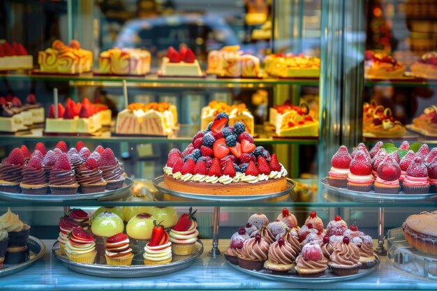 Les fenêtres de la façade d'une pâtisserie affichant de délicieuses friandises