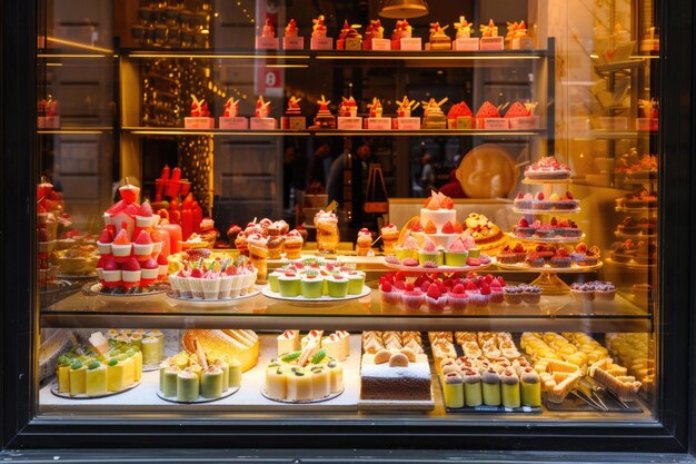 Les fenêtres de la façade d'une pâtisserie affichant de délicieuses friandises