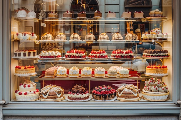 Les fenêtres de la façade d'une pâtisserie affichant de délicieuses friandises