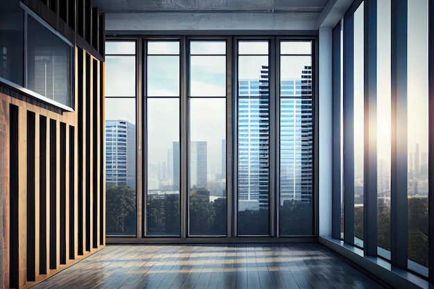 Fenêtres à persiennes verticales dans un immeuble de bureaux moderne avec vue sur les toits de la ville