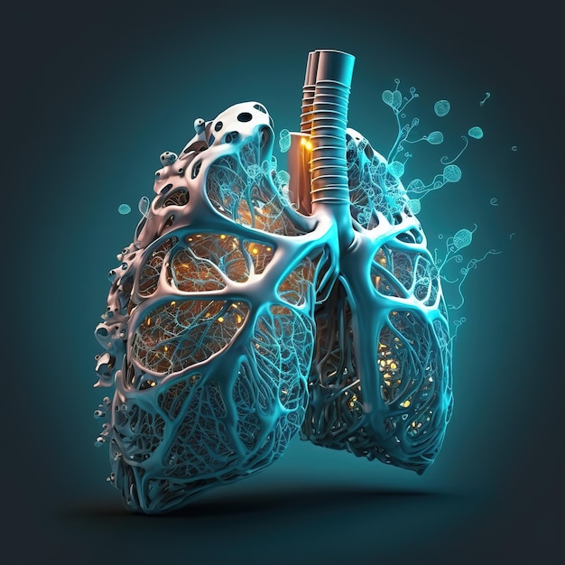 Fer fumé, métal, or et bois Concept de conception graphique d'illustration de poumon humain 3D isolé