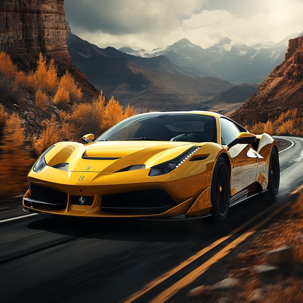 ferarri jaune brillant vitesse stop4k haute qualité