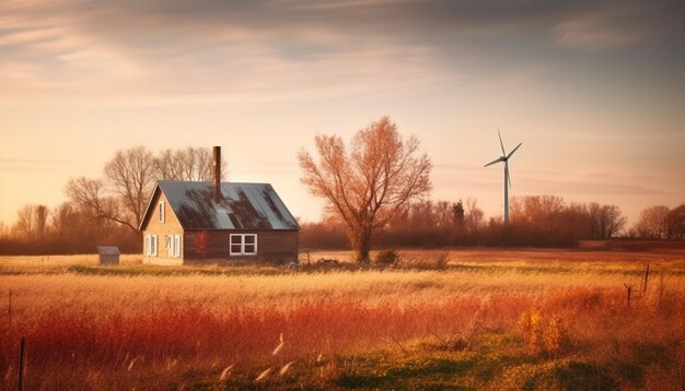 Ferme abandonnée dans la beauté tranquille du coucher du soleil d'hiver générée par l'IA