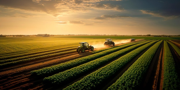 Ferme agricole étendue avec des champs de cultures, des tracteurs et des machines impliqués dans la production alimentaire pour une population croissante