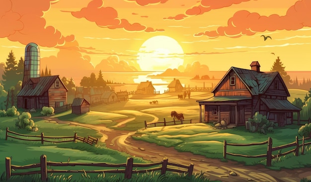 Ferme au soleil illustration de paysage de ferme