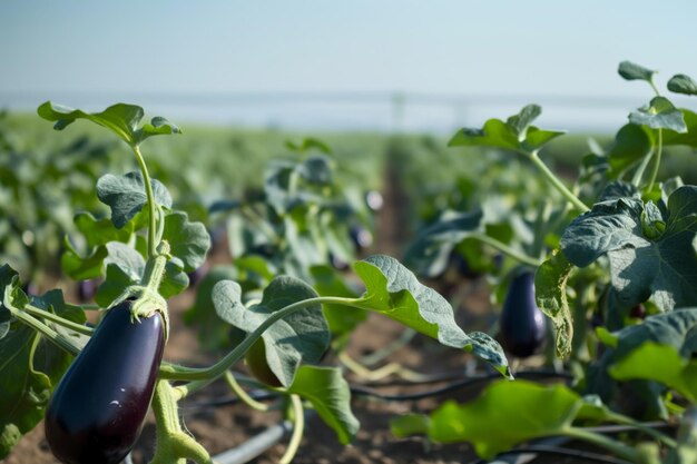 Ferme d'aubergines avec système d'irrigation en activité