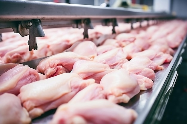 Ferme avicole pour la production de viande de poulet Production industrielle et emballage de viande de poulet Filet et filet de poulet sur un convoyeur dans l'atelier de l'industrie alimentaire moderne