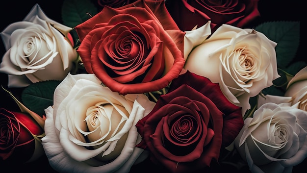 Fermé beau bouquet de nombreuses roses de couleur illustration graphique réaliste arrière-plan du modèle de bannière concept d'amour ou de mariage de la Saint-Valentin