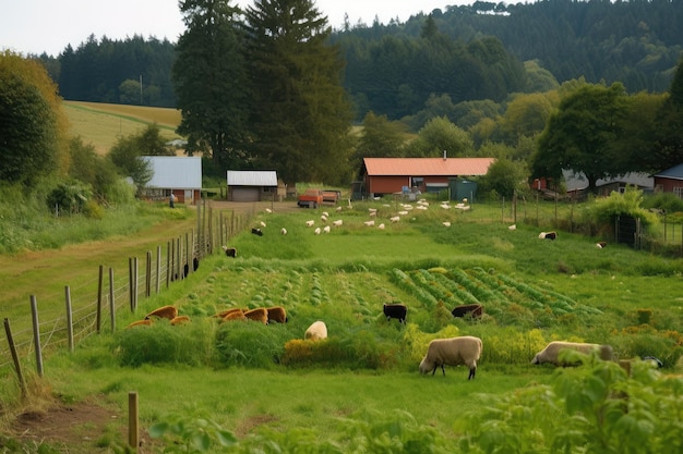 Ferme biologique avec des cultures poussant dans des champs et du bétail paissant à proximité créée avec une IA générative