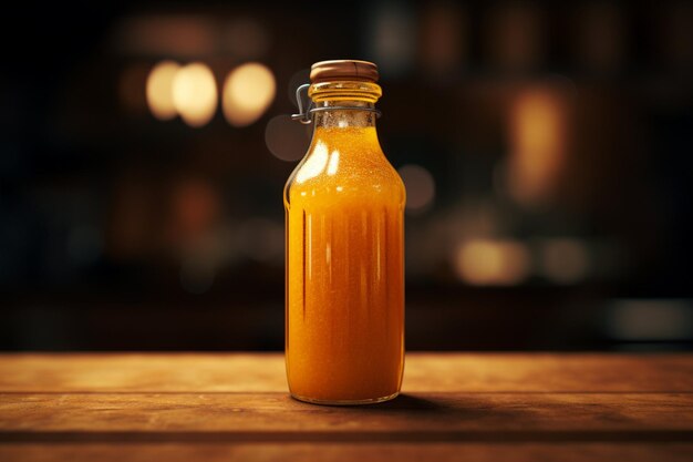 Photo ferme une bouteille de jus d'orange sur la table.