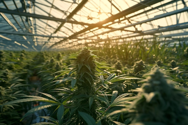 ferme de cannabis dans la grande serre à l'arrière-plan de style bokeh