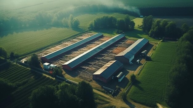 une ferme avec un champ et une ferme en arrière-plan