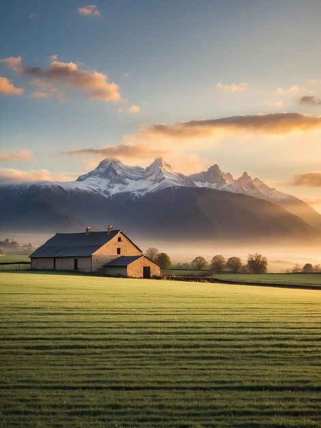 Photo ferme de champ avec vue sur la montagne au lever du soleil