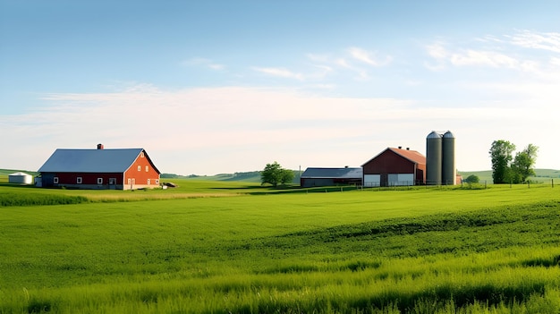 Une ferme avec un ciel bleu et une grange en arrière-plan