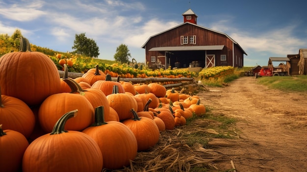 Ferme classique avec récolte de citrouilles