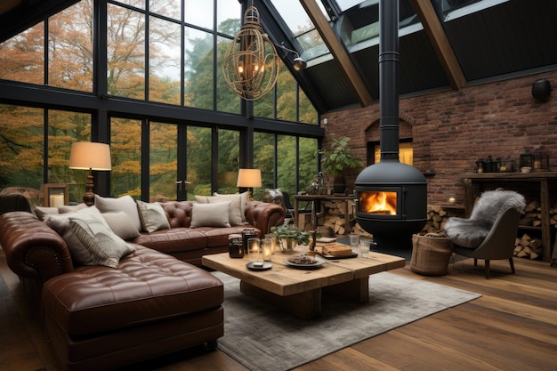 Une ferme contemporaine comporte un salon simple sans ornementation, un canapé et des fauteuils en cuir brun avec une cheminée en chêne à bords bruts et une cheminée à gaz.