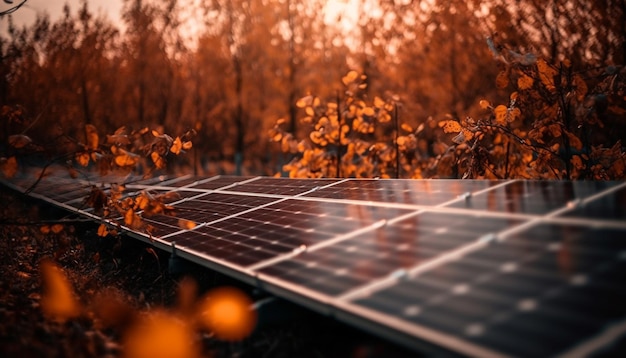 Une ferme durable génère de l'électricité avec des panneaux solaires dans un paysage d'automne généré par l'intelligence artificielle