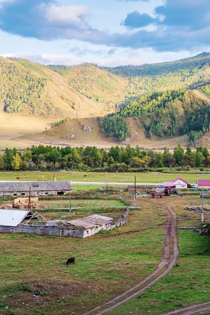 Ferme d'élevage dans la vue de dessus du village Russie montagne Altaï village de BichiktuBoom