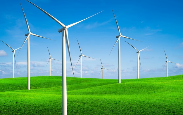 Ferme d'éoliennes sur une colline d'herbe verte.