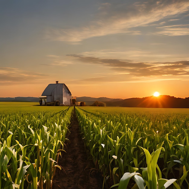 Une ferme est au loin et le soleil se couche.