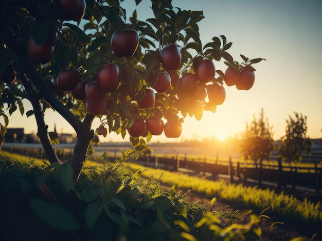 Ferme fruitière avec pommiers au coucher du soleil ai générative