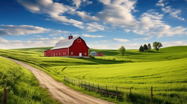 Photo une ferme avec une grange rouge à l'horizon