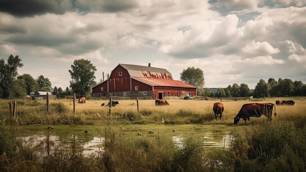 Une ferme avec une grange rouge et des vaches au premier plan