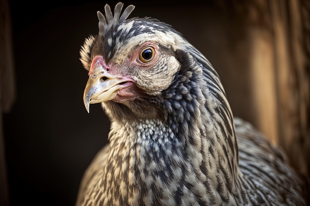 une ferme avec un gros plan d'un énorme poulet de plymouth rock