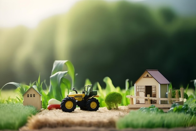 Ferme jouet avec tracteur et bâtiments de ferme sur fond de champ vert concept d'agriculture écologique