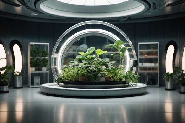 Ferme de légumes biologiques usine de plantes végétales hydroponiques plante futuriste salle de laboratoire hydroponique sur vaisseau spatial avec podium circulaire