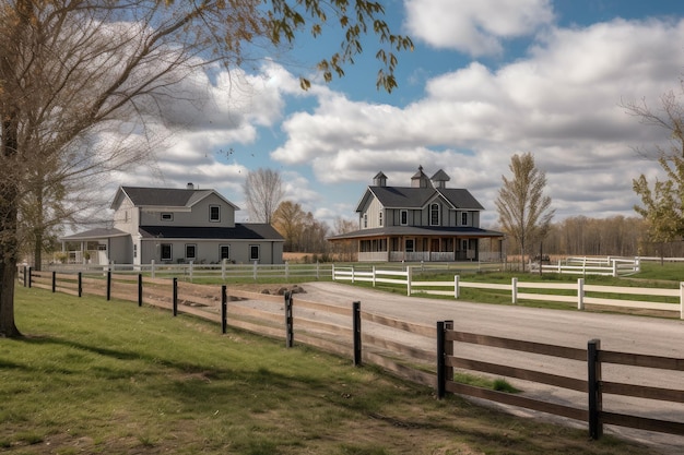 Ferme moderne avec grange et chevaux de pâturage sur une propriété tentaculaire