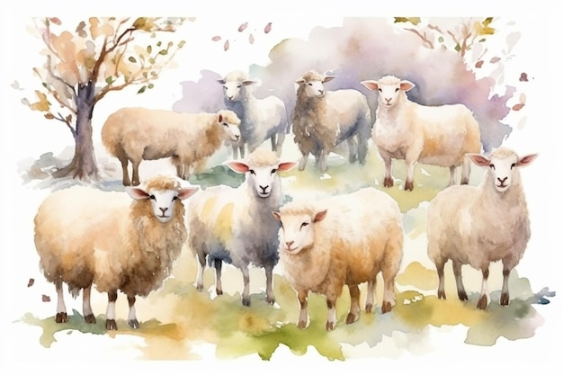 Ferme de moutons dans les saules personnage clipart fond blanc