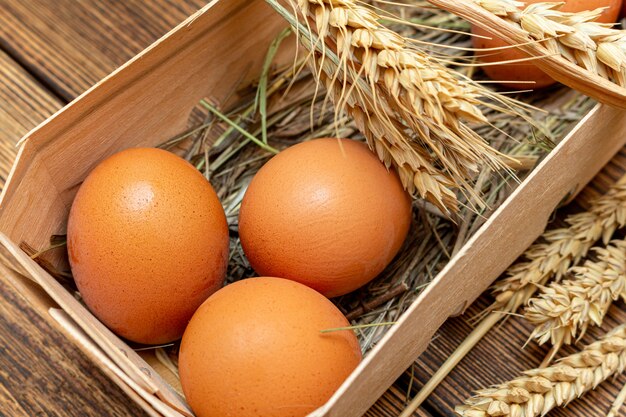 Ferme oeufs bruns avec de la paille en écorce de bouleau boîte fond en bois close-up