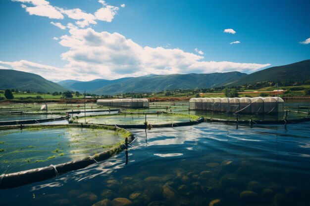 Ferme piscicole avec étangs à poissons et filets IA générative